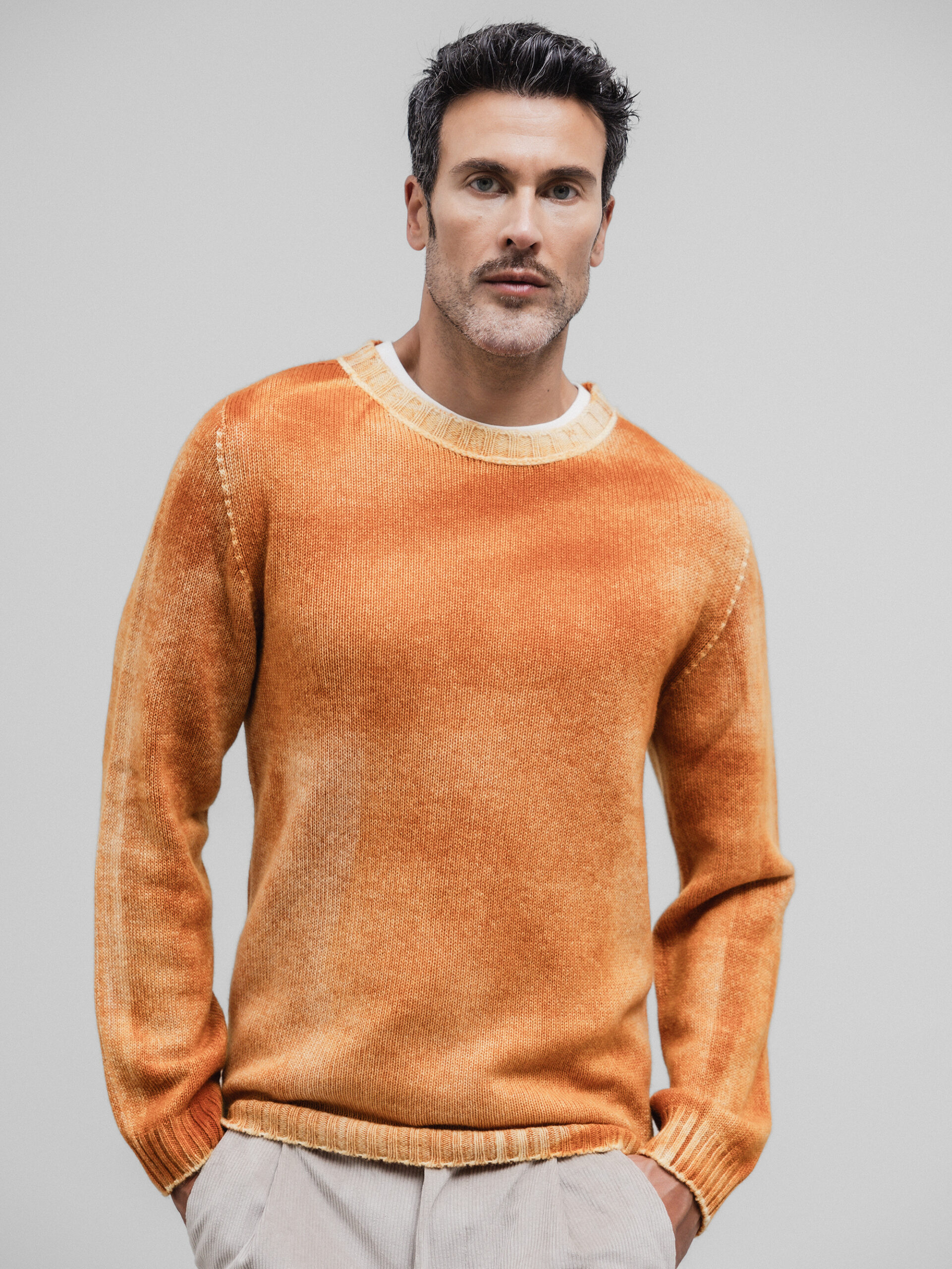 WLNS CASHMERE Pullover aus Cashmere Herren (S461 GRAU/ORANGE)