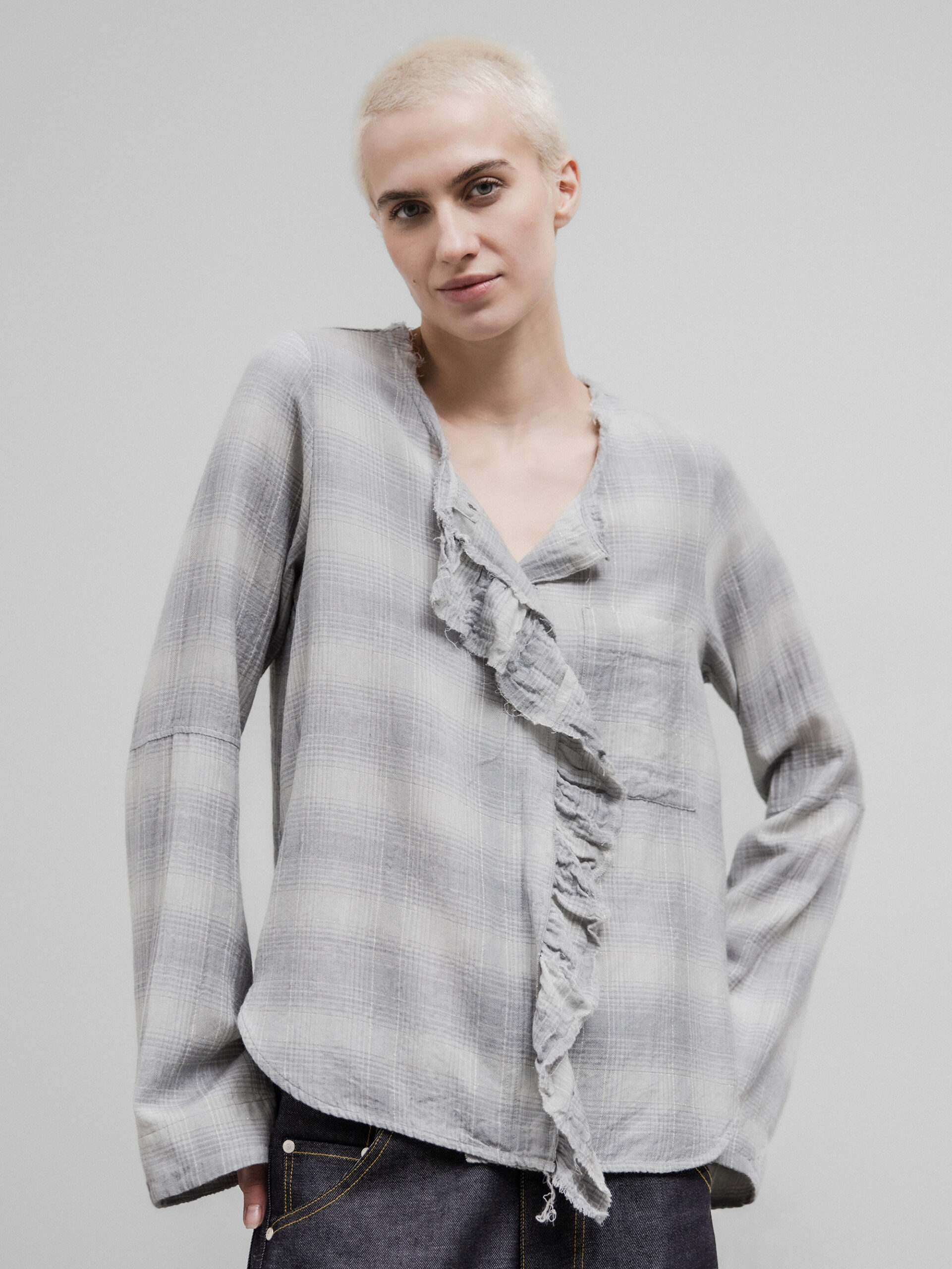 DANIELS Bluse mit Rüschung Damen (H.GRAU KARO 43B)