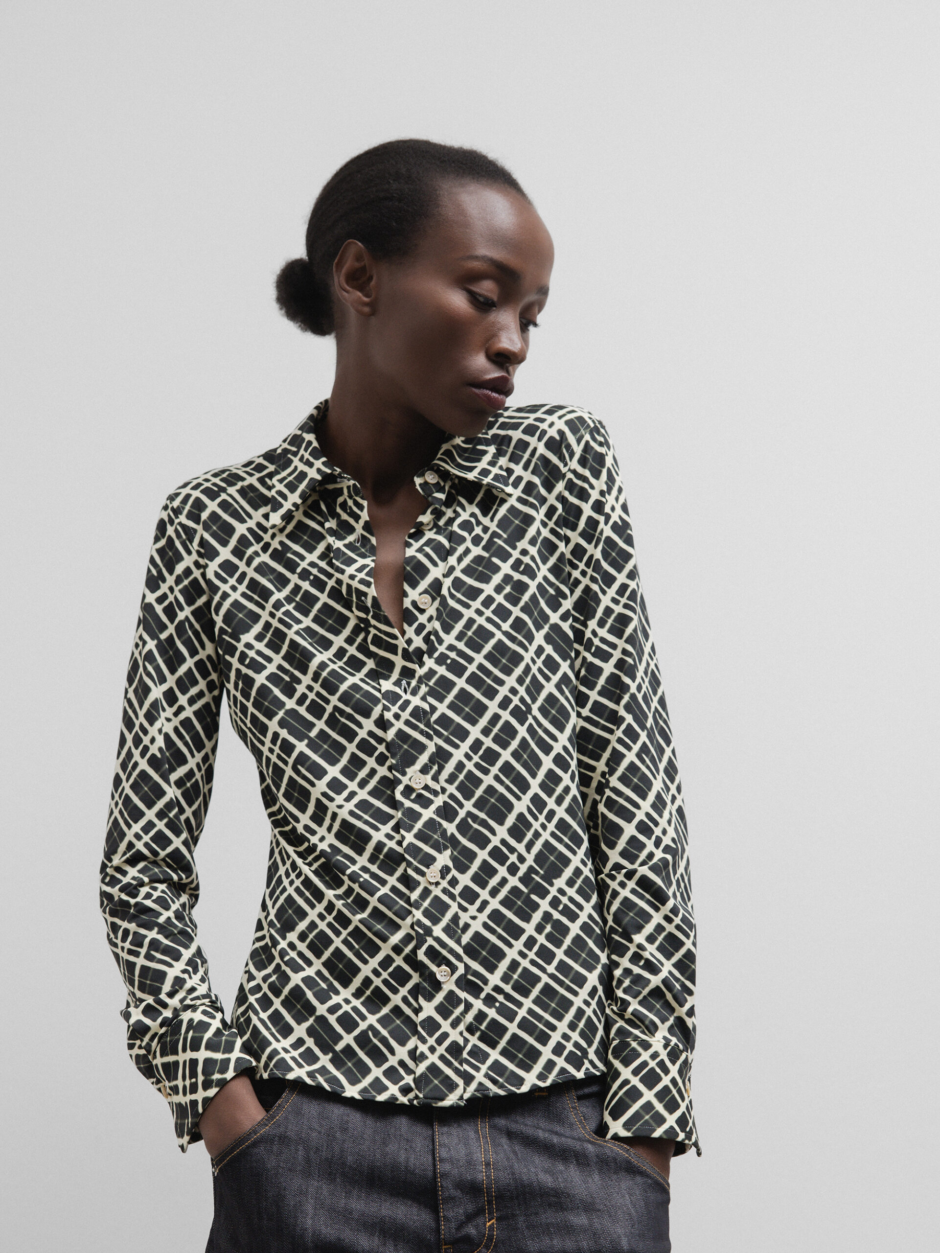 CALIBAN Gemusterte Bluse Damen (FU3 NATUR OLIV)