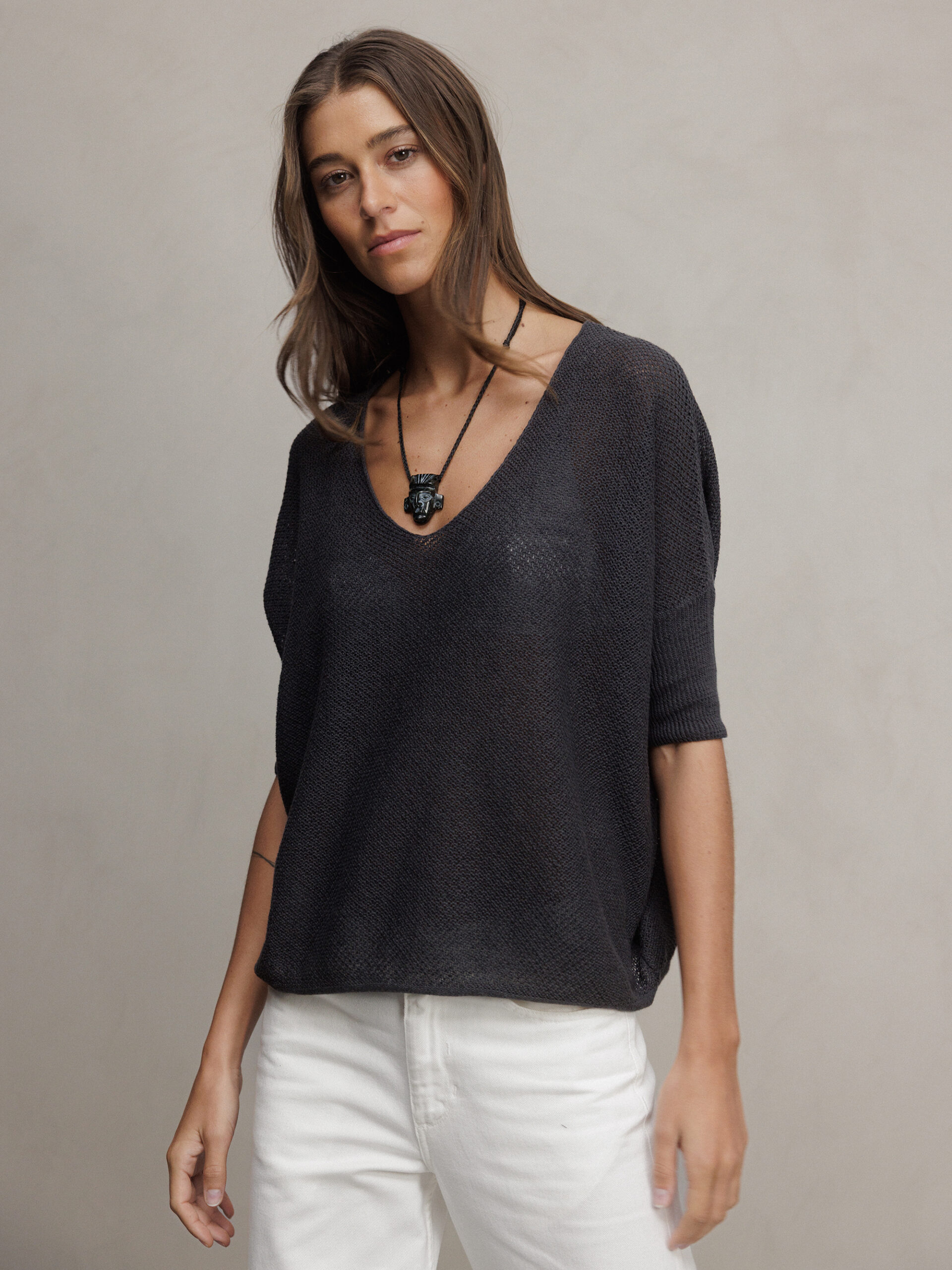 DANIELS Kurzarm- Pullover aus Leinen Damen (ANTHRAZIT)