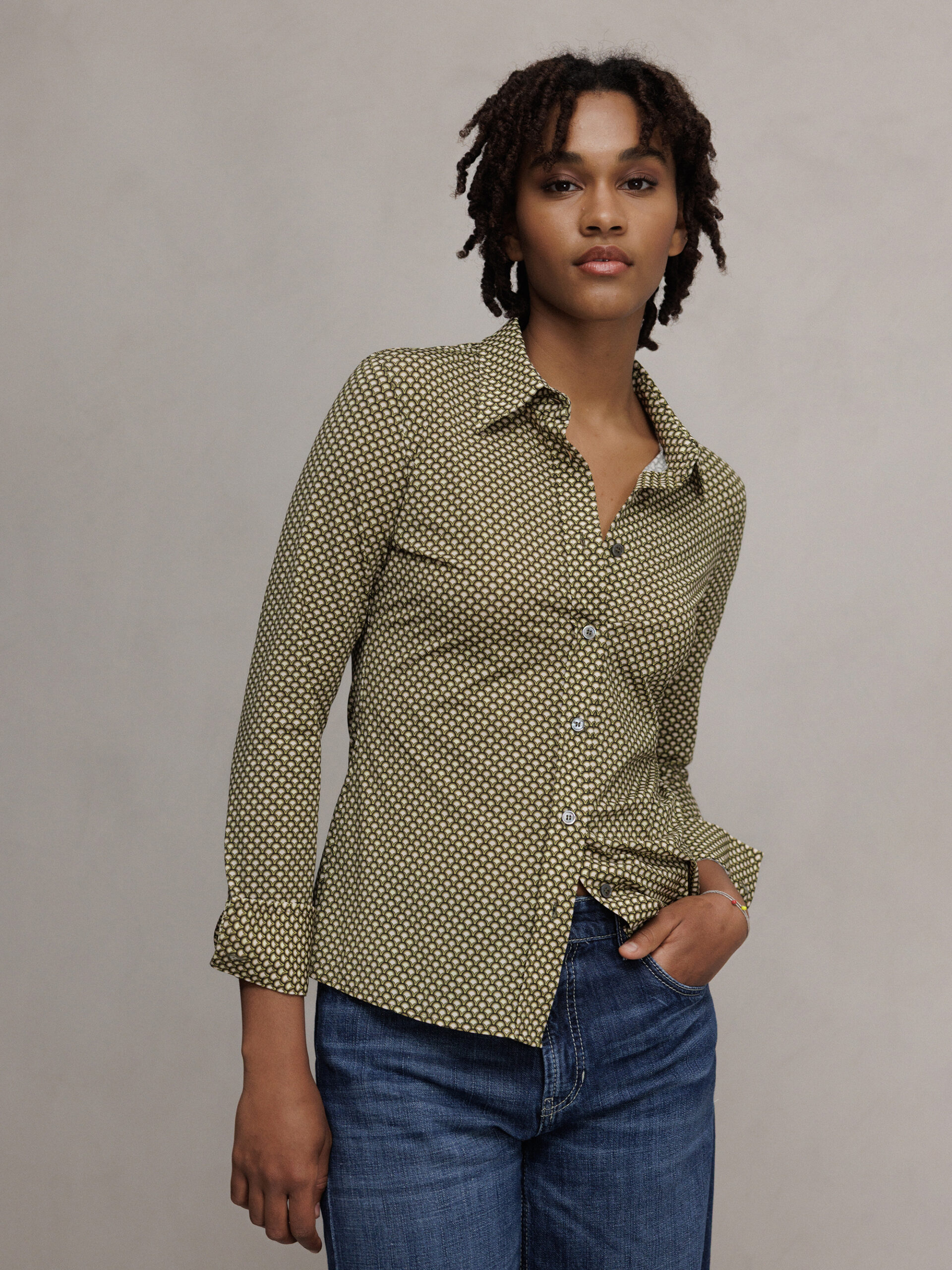 CALIBAN Gemusterte Bluse Damen (FU1 OLIV GEMUSTERT)