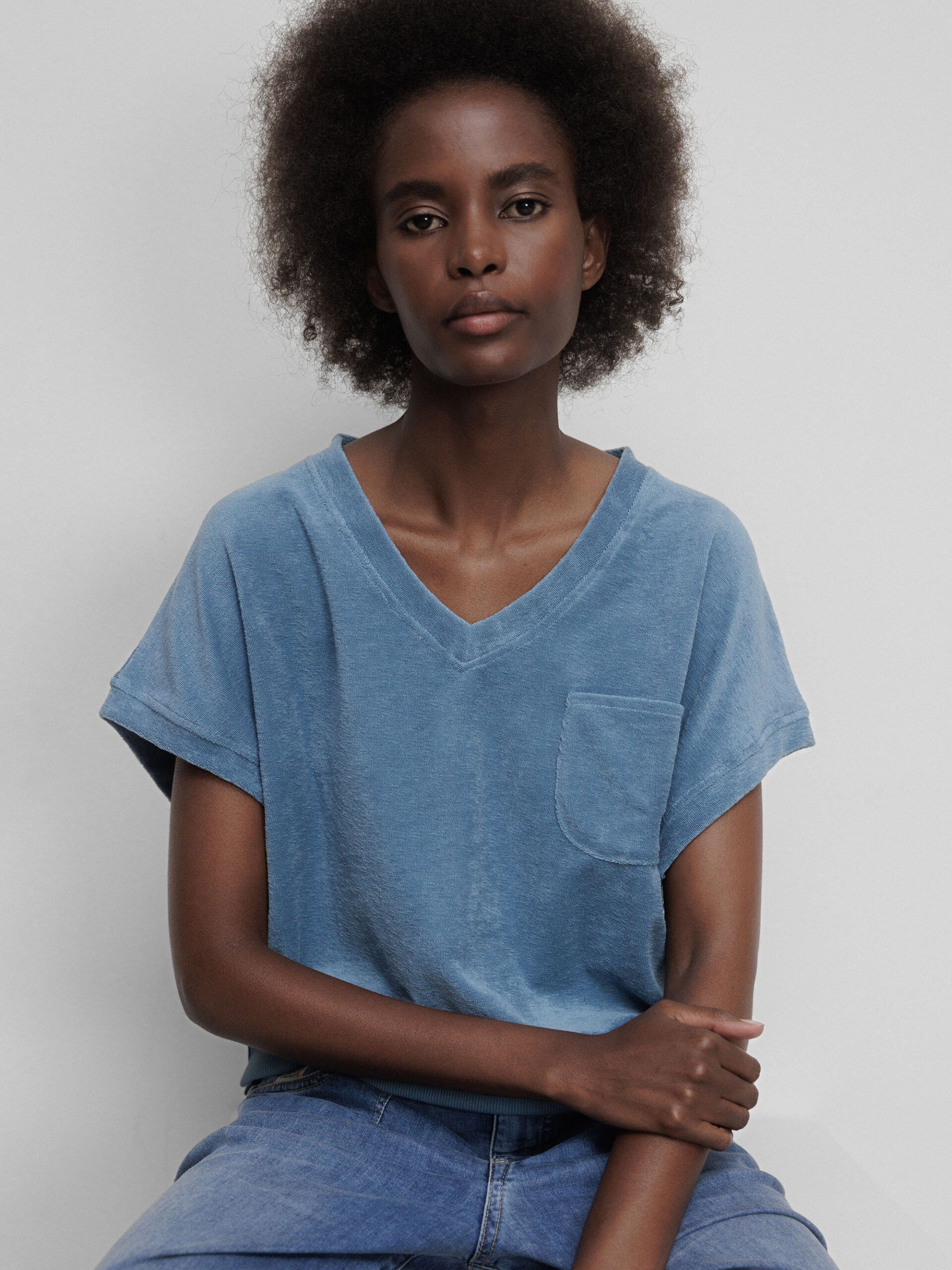 BY-BAR AMSTERDAM Kurzarm- Sweatshirt in Frotteeoptik Damen (706 BLUE STONE)