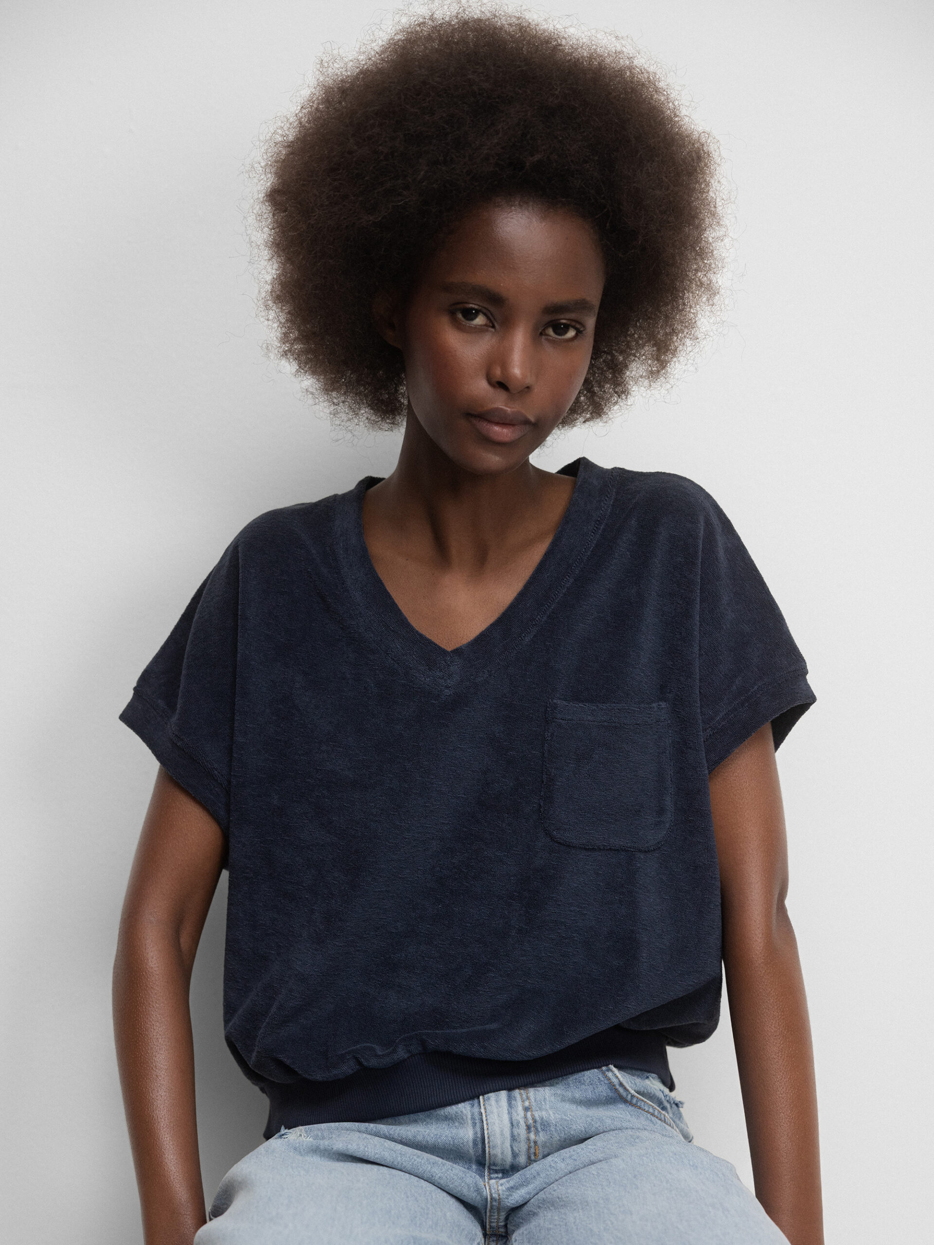 BY-BAR AMSTERDAM Kurzarm- Sweatshirt in Frotteeoptik Damen (856 NAVY)