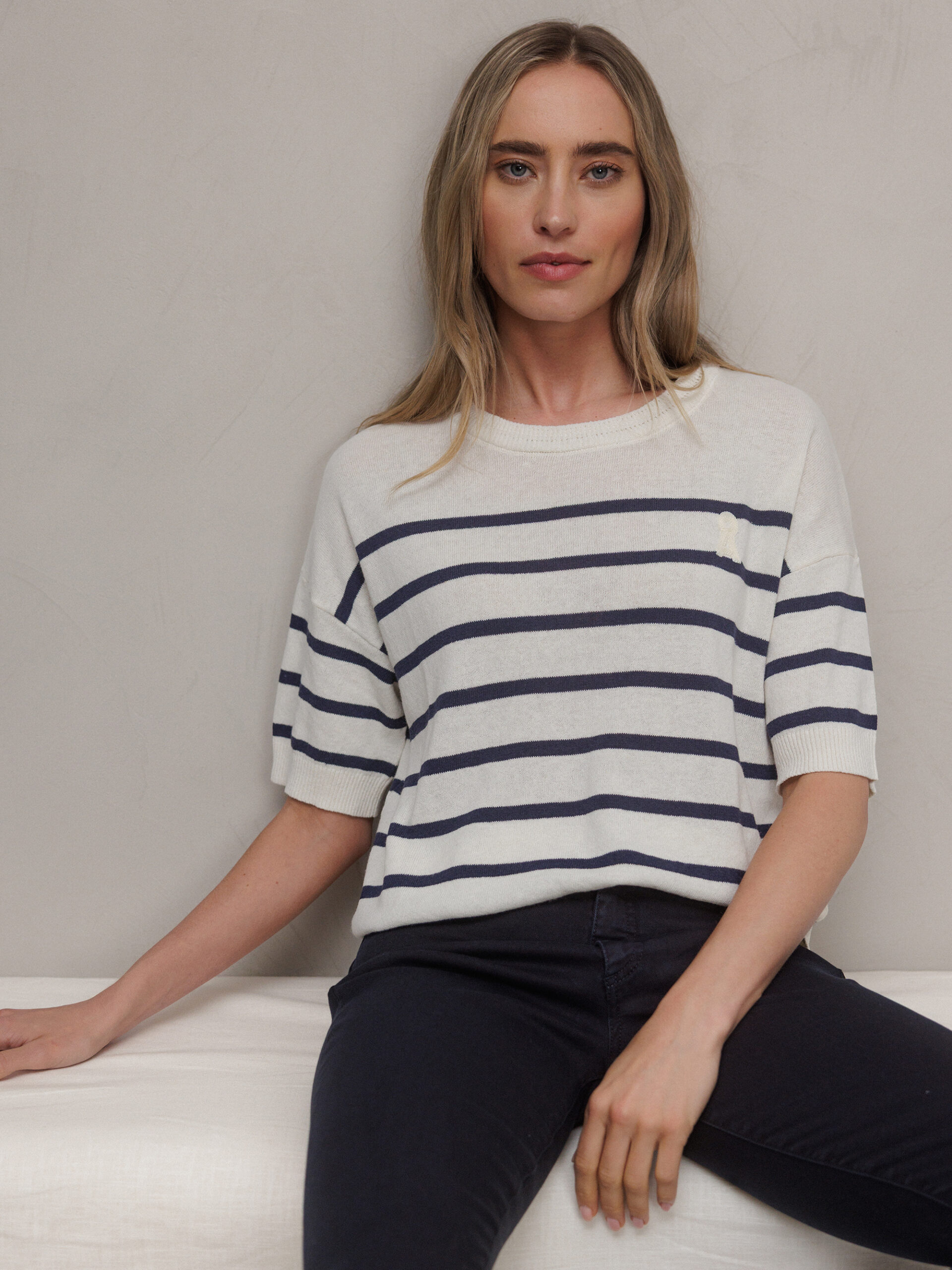 ARMEDANGELS Kurzarm- Feinstrickpullover Damen (3390 ECRU/NAVY)