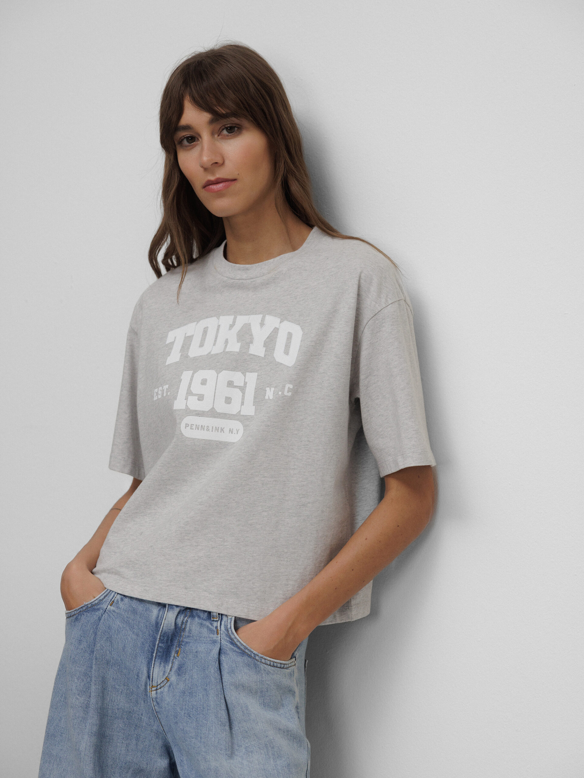 PENN & INK Weites T-Shirt aus Baumwolle Damen (83M/01 GREY MEL/WHITE)