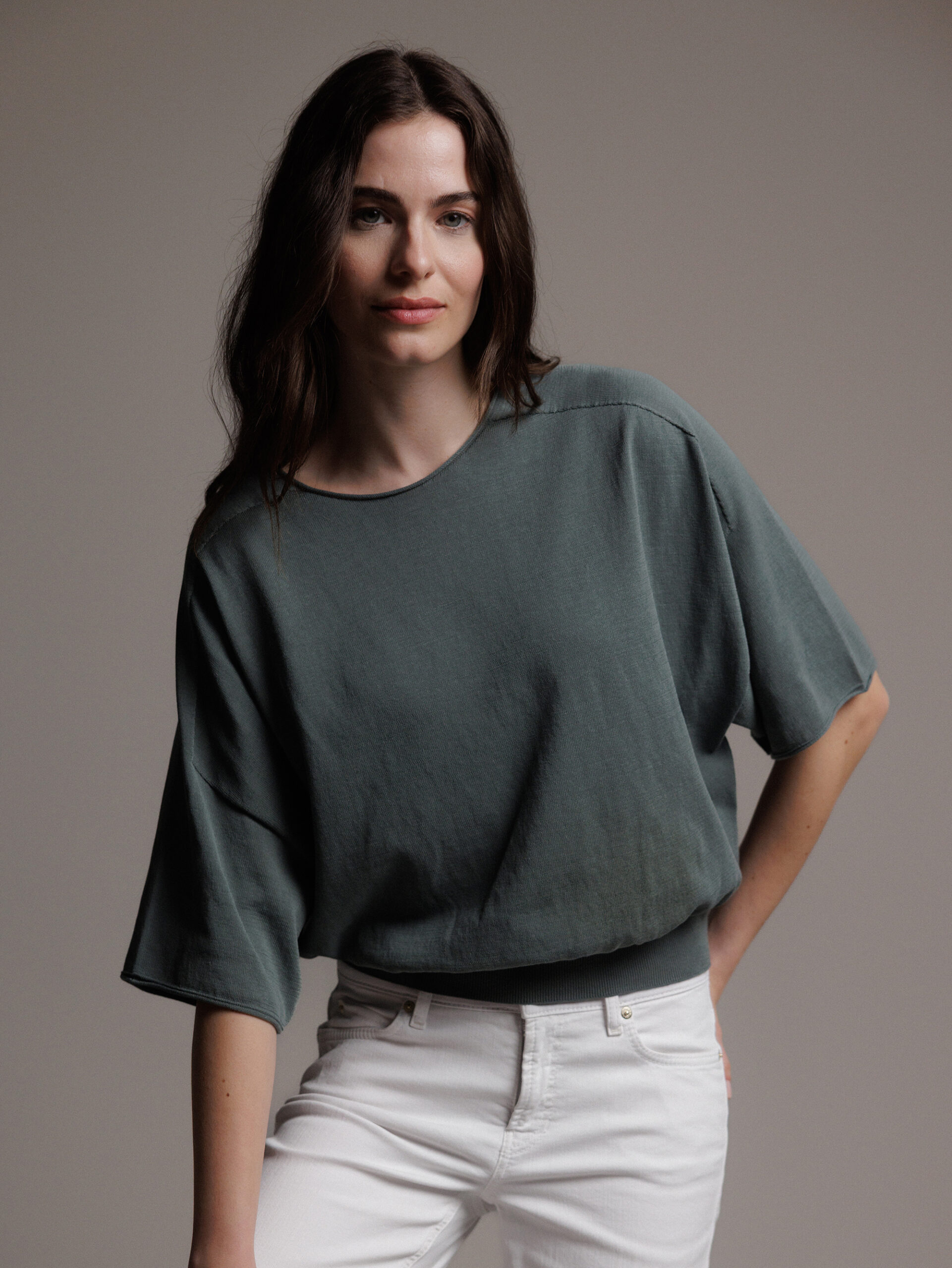 DRYKORN Kurzarm- Feinstrickpullover aus Baumwolle Damen (2214 THYME GREEN)