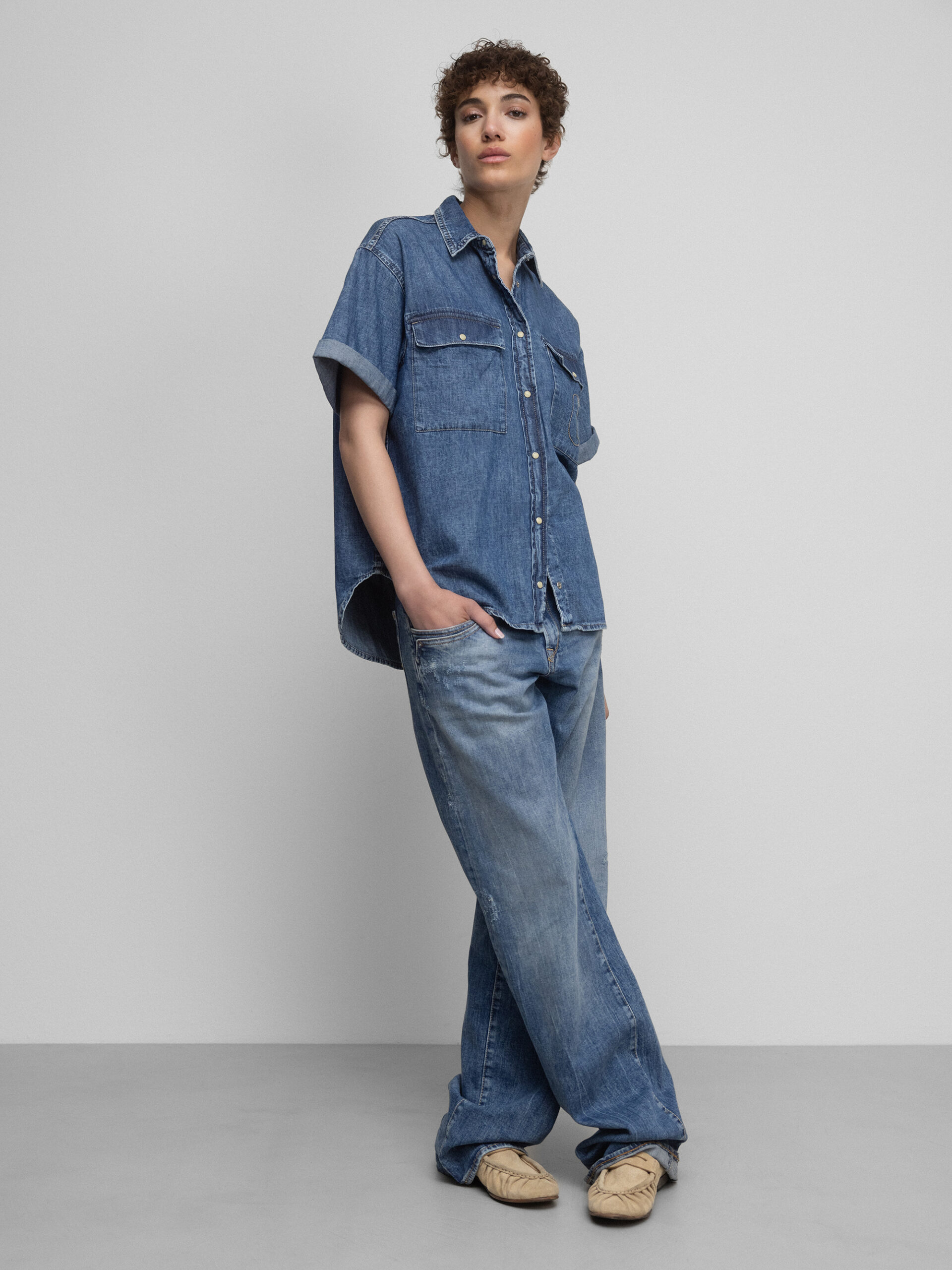 LE TEMPS DES CERISES Kurzarm- Jeanshemd Damen (3001 MED BLUE)